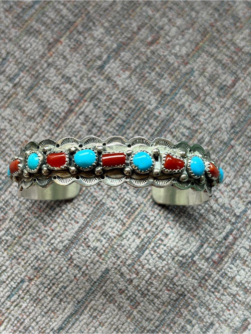 Source Unknown Sterling Silver Turquoise and Coral Stone Cuff Bracelet